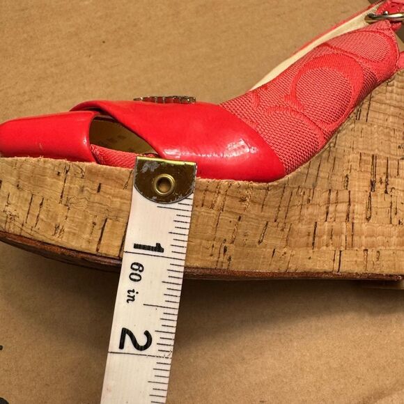Coach Coral Orange Peep Toe Slingback Wedge Sandals 6.5 Cork Patent leather Logo - Picture 14 of 14